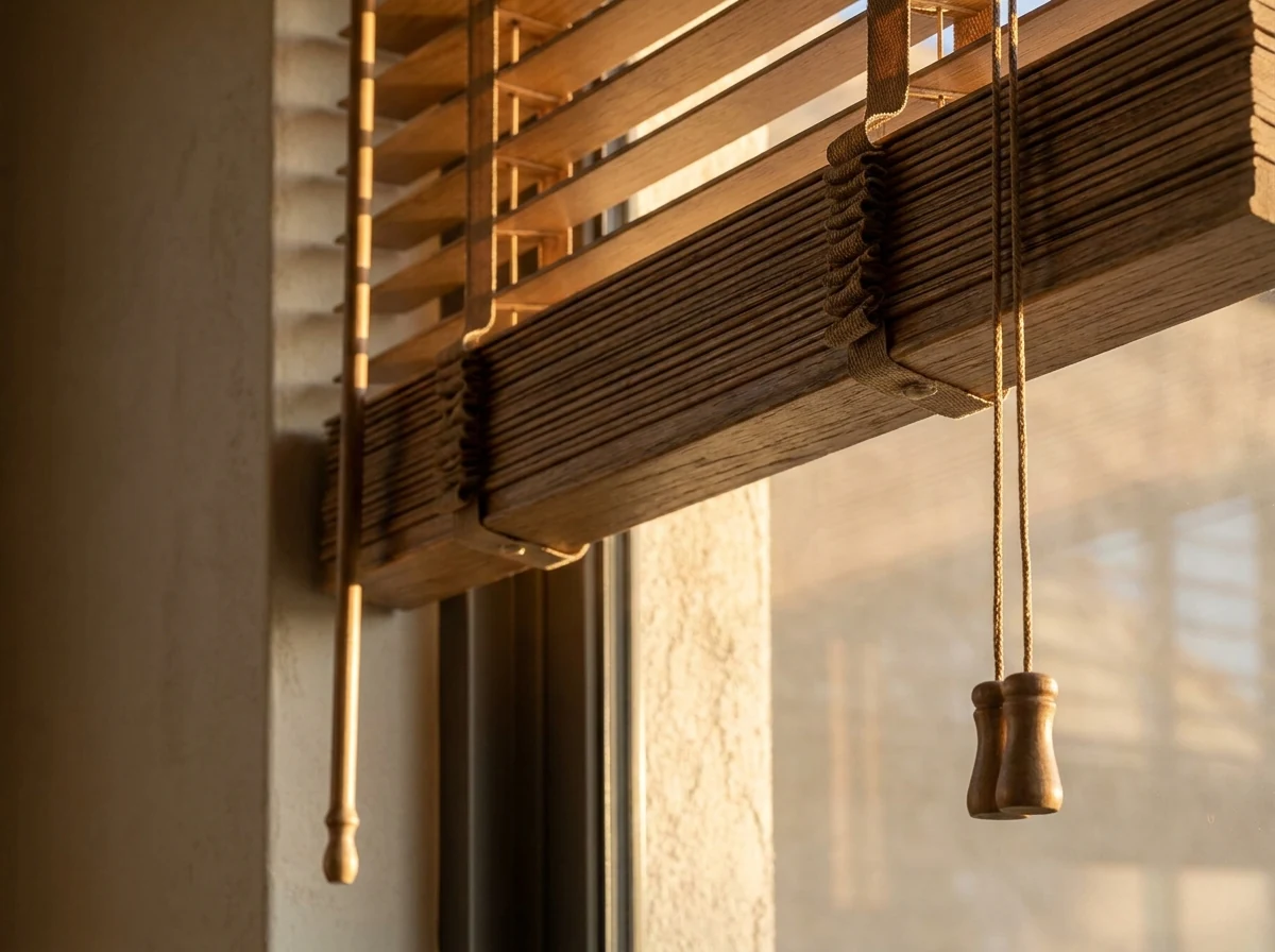 Close-up of a timber venetian blind headrail with tilt wand and lift cord in a Midstream Estate home