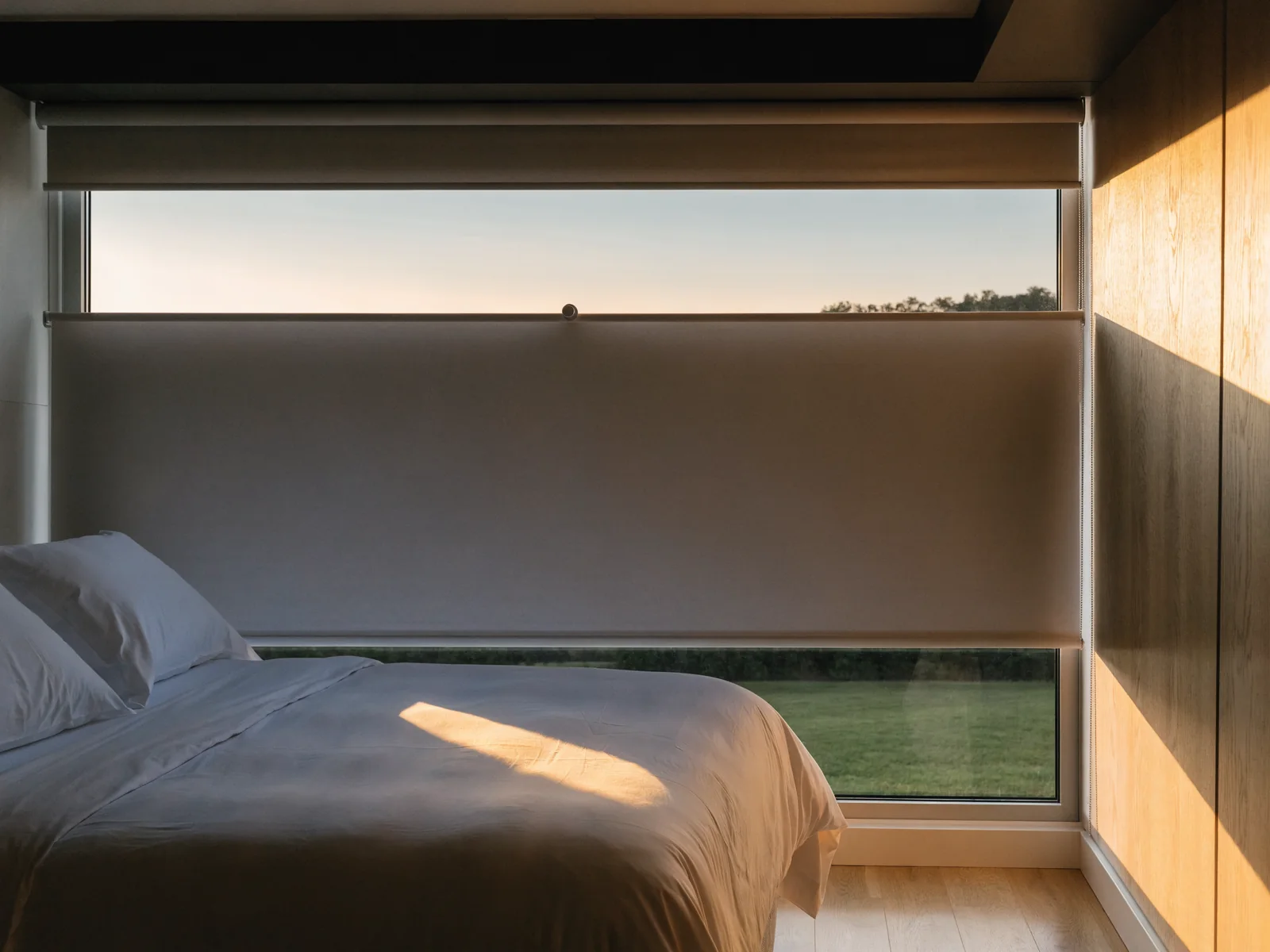 A single smooth flat blockout roller blind, one seamless opaque sheet on a tube with no folds or slats, lowered most of the way over an east-facing Midstream bedroom window at sunrise, with warm low light spilling around the edge and an open landscaped estate garden beyond
