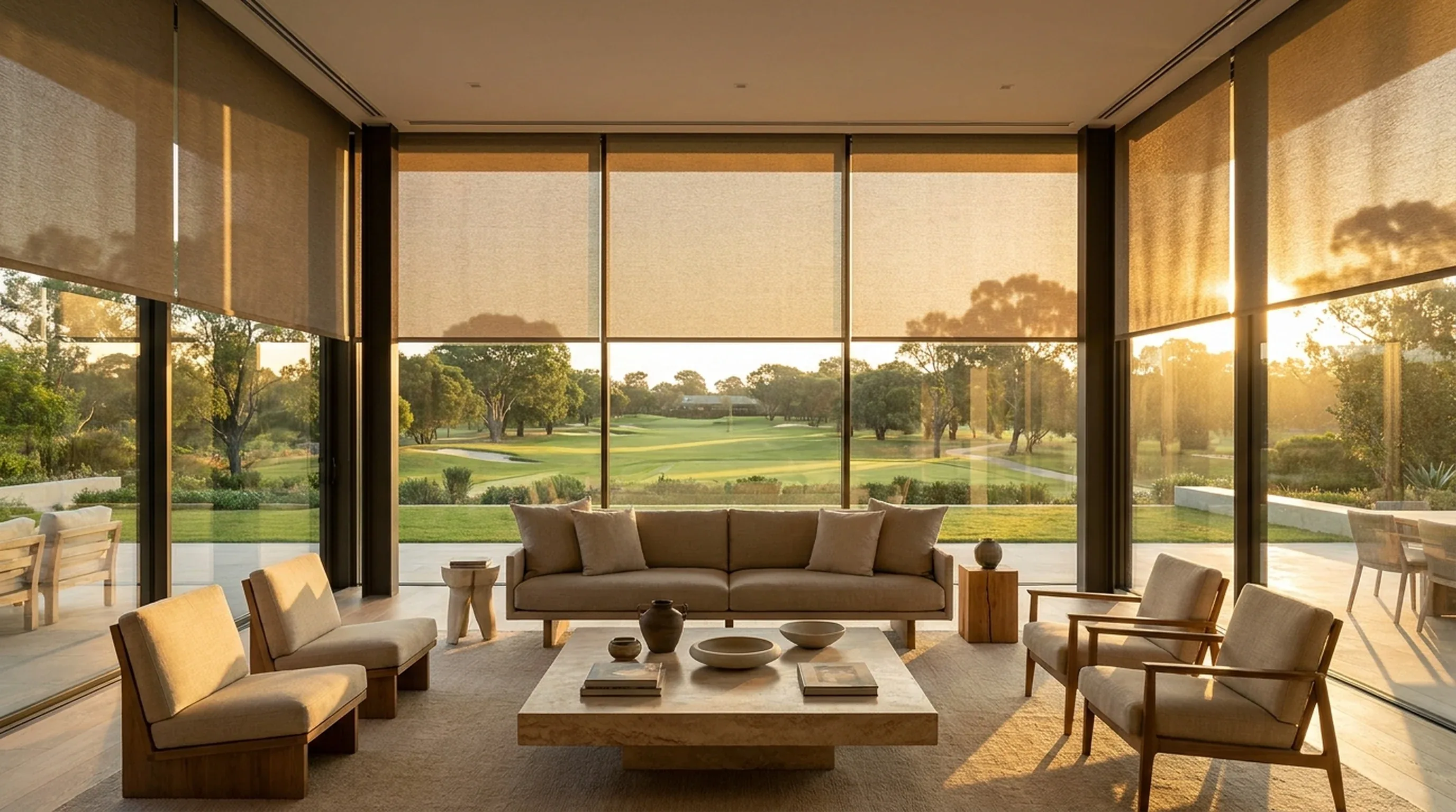 Sunscreen roller blinds part lowered over a wall of glass in an open-plan lounge looking onto the Southdowns Estate fairway at golden hour
